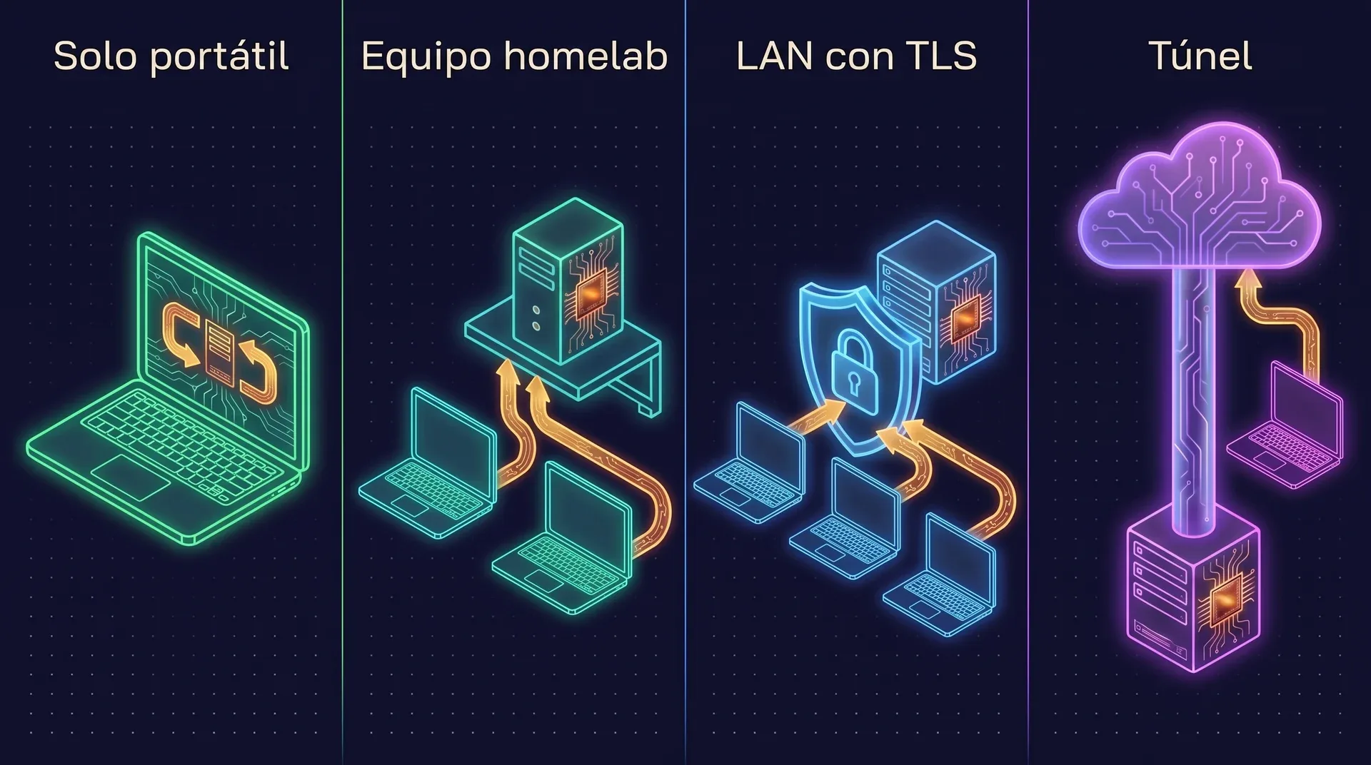 Cuatro topologías de despliegue una al lado de la otra: solo portátil, con el servidor dentro del portátil; un equipo de homelab al que se conectan dos portátiles; un servidor en la LAN con un escudo TLS delante; y un servidor al que se llega por un túnel saliente hacia un edge en la nube.
