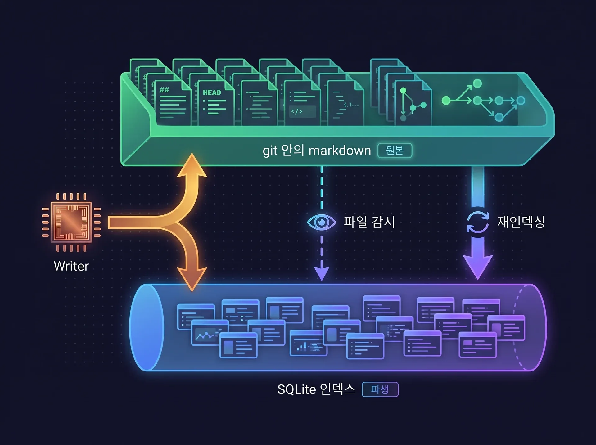 다이어그램: '원본'이라고 표시된, git 속 markdown 페이지 선반이 '파생'이라고 표시된 SQLite 인덱스 위에 있습니다. 라이터는 양쪽에 모두 씁니다. 점선의 파일 감시기 화살표와 실선의 재인덱싱 화살표가 모두 markdown에서 인덱스로 내려갑니다.