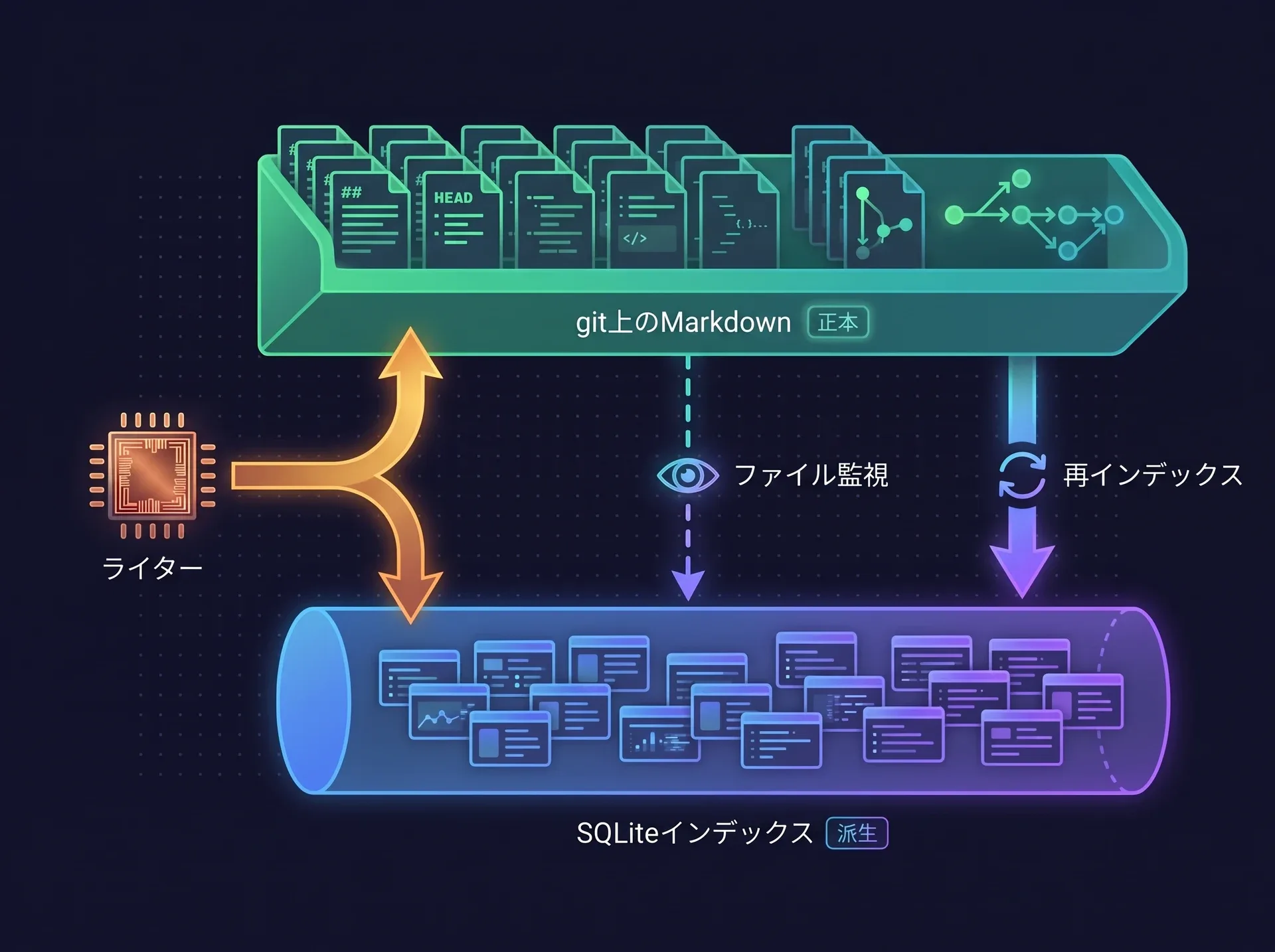 図: 「正本」と記された、git上のmarkdownページの棚が、「派生」と記されたSQLiteインデックスの上にある。ライターは両方に書き込む。破線のファイルウォッチャーの矢印と実線のreindexの矢印が、どちらもmarkdownからインデックスへ下向きに伸びている。