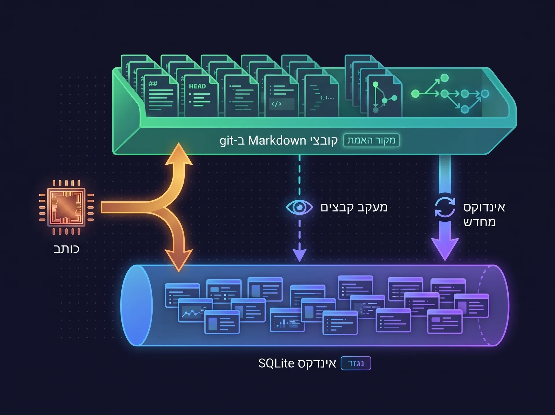 תרשים: מדף של דפי markdown ב-git, עם הסימון Source of truth, נמצא מעל אינדקס SQLite עם הסימון Derived. הכותב מזין את שניהם. חץ מקווקו של file watcher וחץ רציף של reindex מצביעים שניהם מה-markdown למטה אל האינדקס.