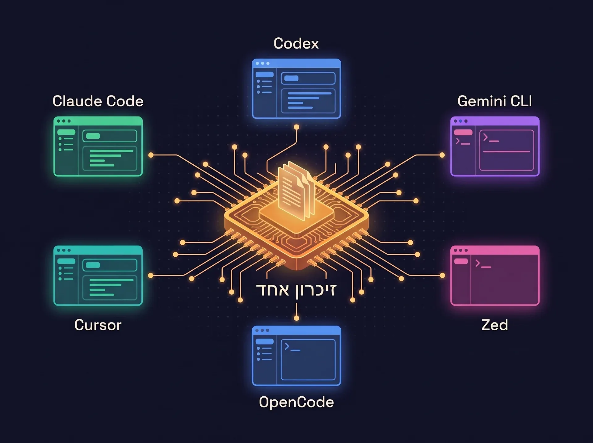 תרשים של מרכז וחישורים: Claude Code, Codex, Cursor, Gemini CLI, OpenCode ו-Zed מתחברים כולם לזיכרון אחד במרכז.