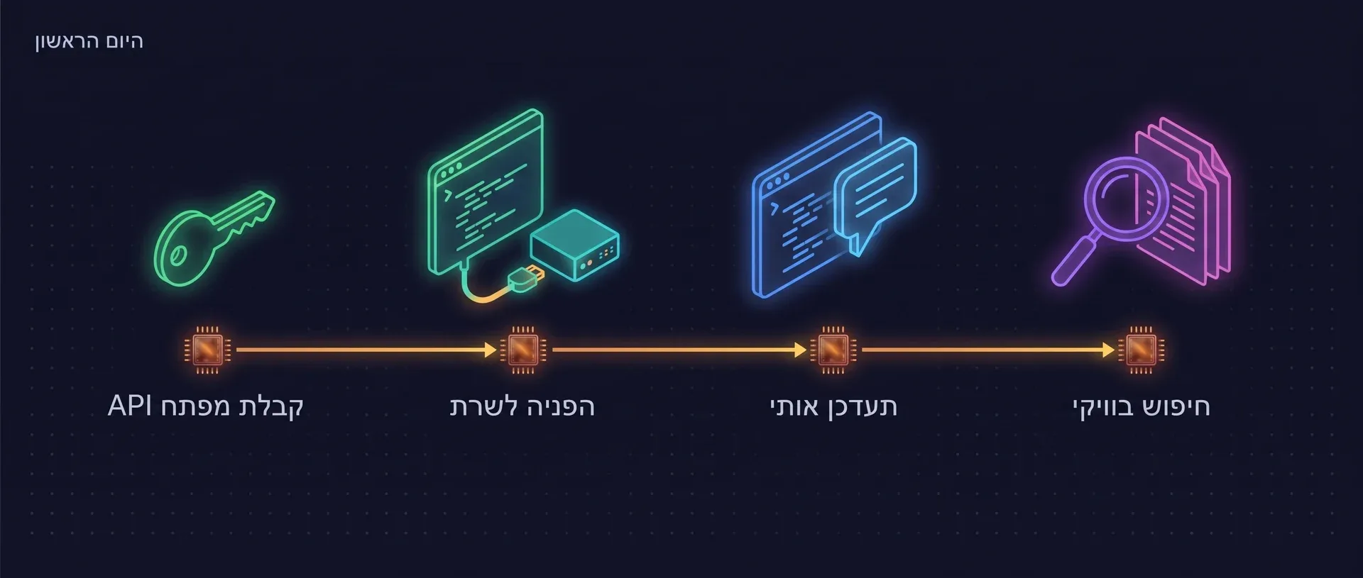 ציר זמן של היום הראשון של מפתח חדש: מקבלים מפתח API, מפנים את הסוכן אל השרת, מבקשים ממנו עדכון, ואז מחפשים בוויקי.