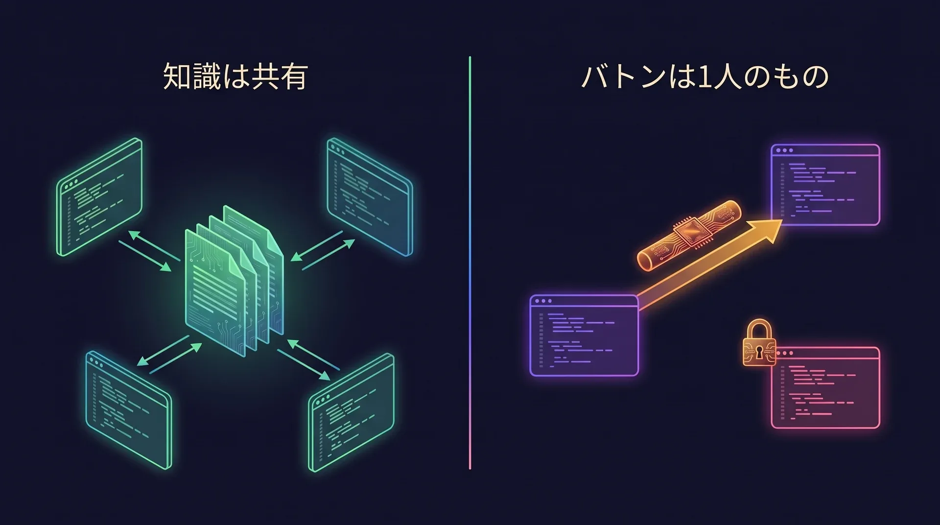 2枚組の図。左は知識の共有で、複数のエージェントセッションが同じwikiページの束を読み書きしている。右はバトンの所有で、引き継ぎのバトンが同じ人の2つのセッション間で渡され、チームメンバーのセッションは締め出されている。