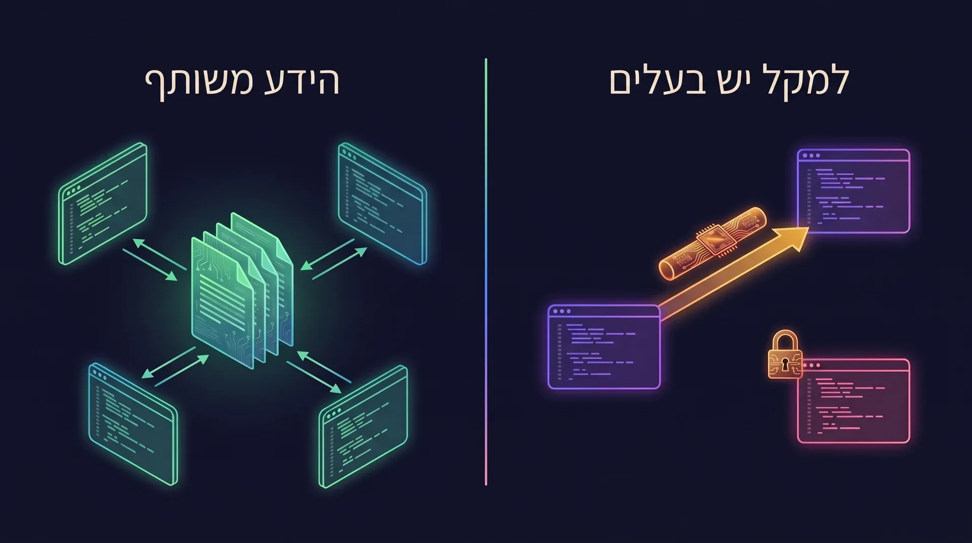 תרשים בשני חלקים. משמאל, הידע משותף: כמה סשנים של סוכנים קוראים וכותבים את אותה ערימה של דפי ויקי. מימין, למקלות יש בעלים: מקל השליחים עובר בין שני סשנים של אותו אדם, וסשן של חבר צוות נחסם.