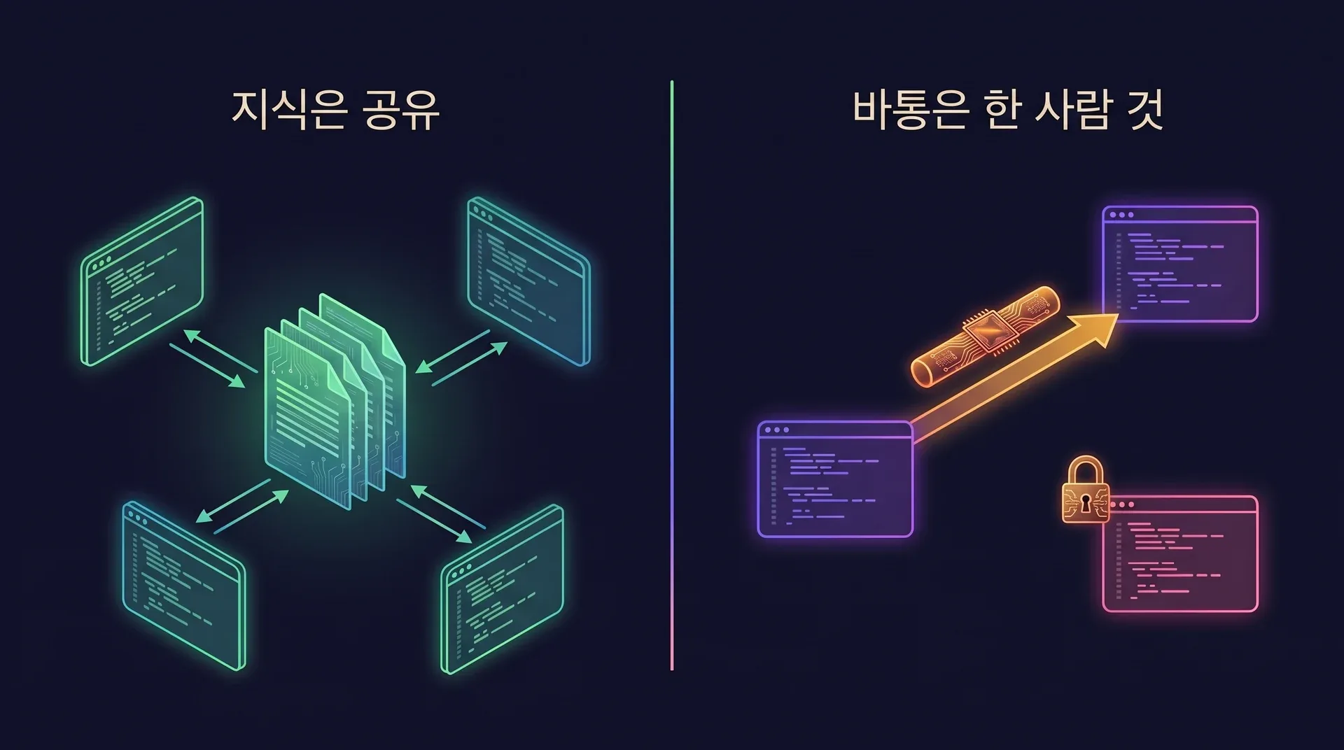두 칸짜리 다이어그램. 왼쪽, 지식은 공유됩니다: 여러 에이전트 세션이 같은 위키 페이지 묶음을 읽고 씁니다. 오른쪽, 바통에는 주인이 있습니다: 인수인계 바통이 같은 사람의 두 세션 사이에서 넘어가고, 팀원의 세션은 받지 못합니다.
